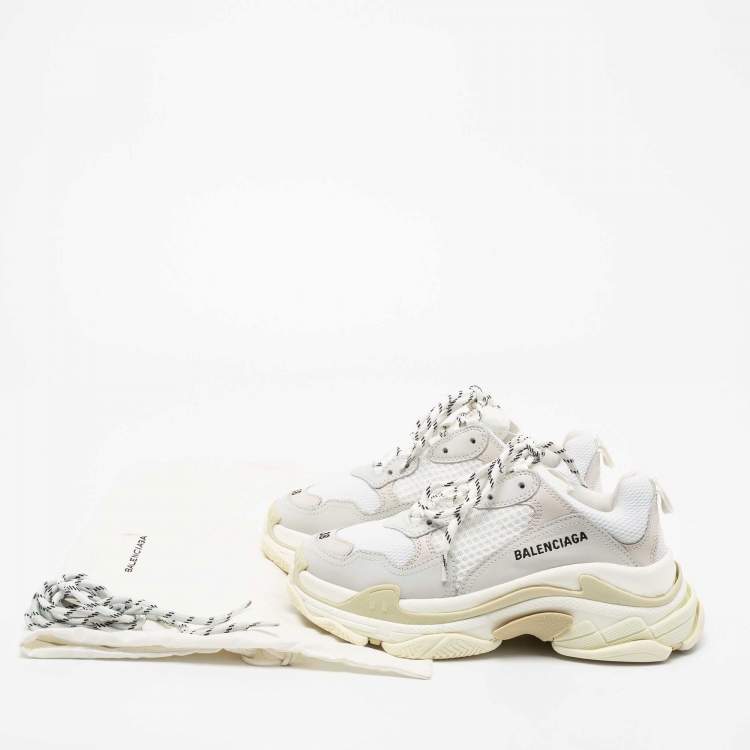 Pre Owned Balenciaga White/Grey Mesh and Leather Triple S Low-Top Sneakers Size 38