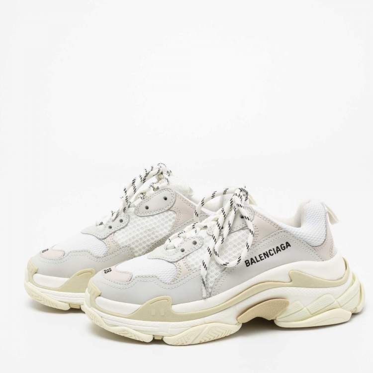 Balenciaga White/Grey Mesh and Leather Triple S Low-Top Sneakers