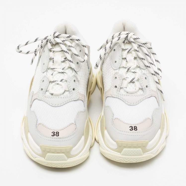 Pre Owned Balenciaga White/Grey Mesh and Leather Triple S Low-Top Sneakers Size 38