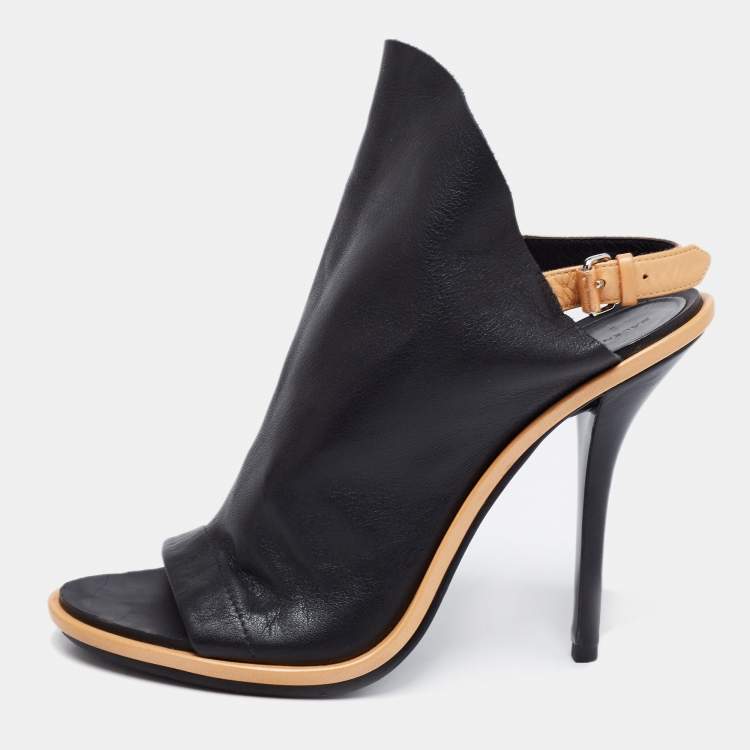Black/Beige Leather Open-Toe Slingback Mules Size 39 | TLC