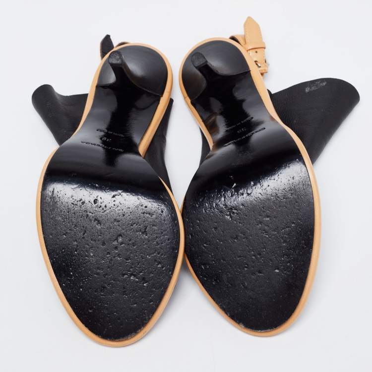 Pre Owned Balenciaga Black/Beige Leather Open-Toe Slingback Mules Size 39