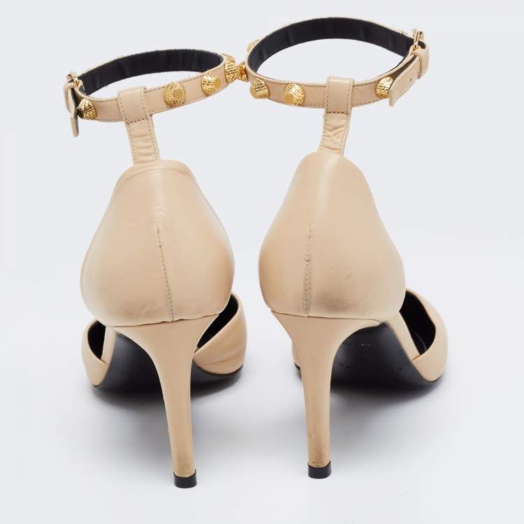 Pre Owned Balenciaga Beige Leather Studded Mary Jane Pumps Size 38