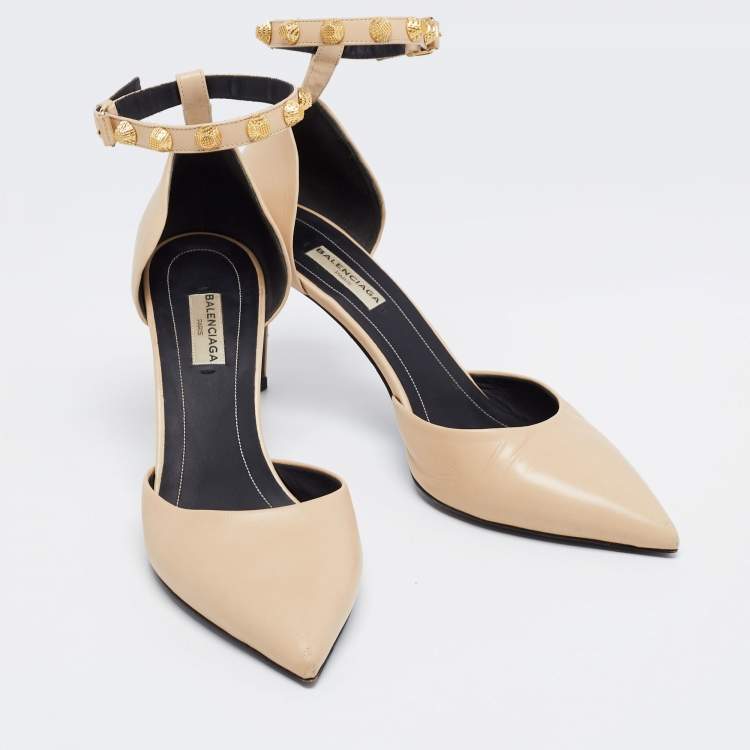 Pre Owned Balenciaga Beige Leather Studded Mary Jane Pumps Size 38