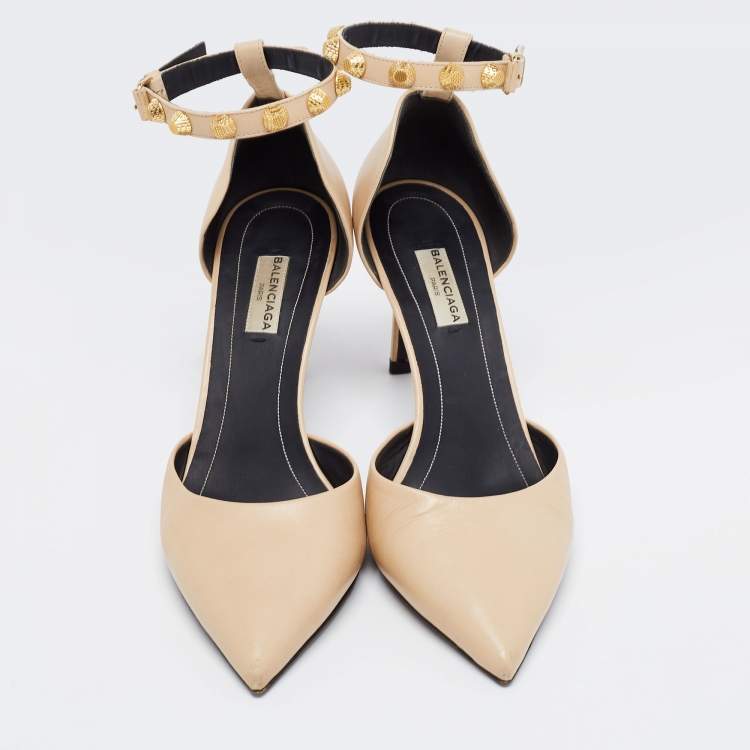 Pre Owned Balenciaga Beige Leather Studded Mary Jane Pumps Size 38