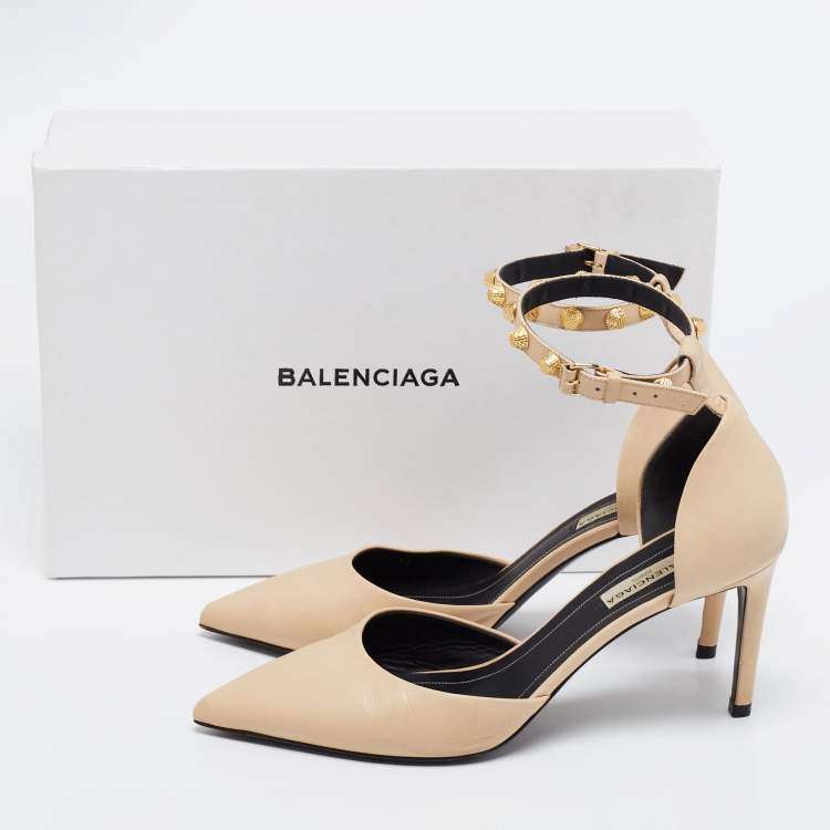 Pre Owned Balenciaga Beige Leather Studded Mary Jane Pumps Size 38