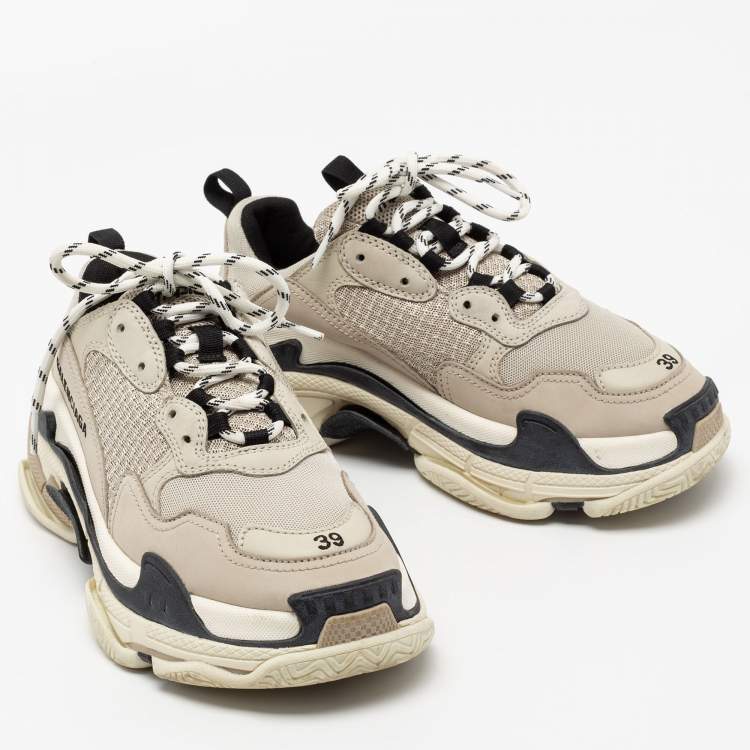 Pre Owned Balenciaga Beige/Black Leather And Mesh Triple S Lace Up Sneakers Size 39