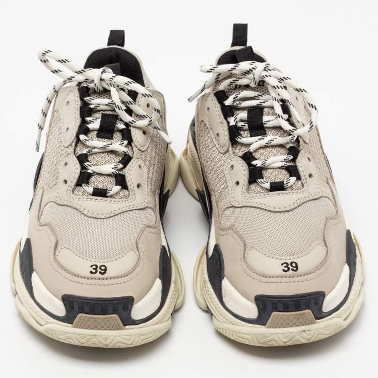 Pre Owned Balenciaga Beige/Black Leather And Mesh Triple S Lace Up Sneakers Size 39