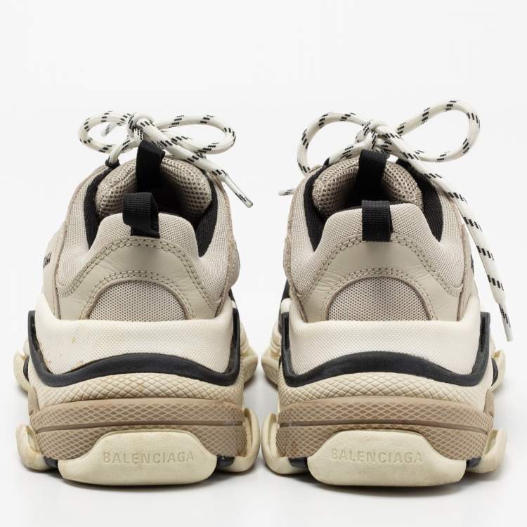 Pre Owned Balenciaga Beige/Black Leather And Mesh Triple S Lace Up Sneakers Size 39