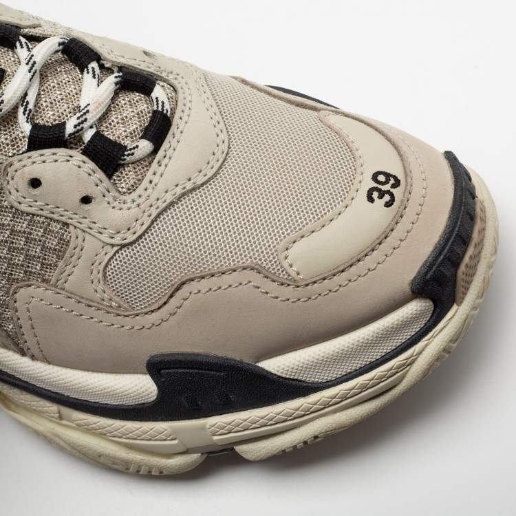 Pre Owned Balenciaga Beige/Black Leather And Mesh Triple S Lace Up Sneakers Size 39