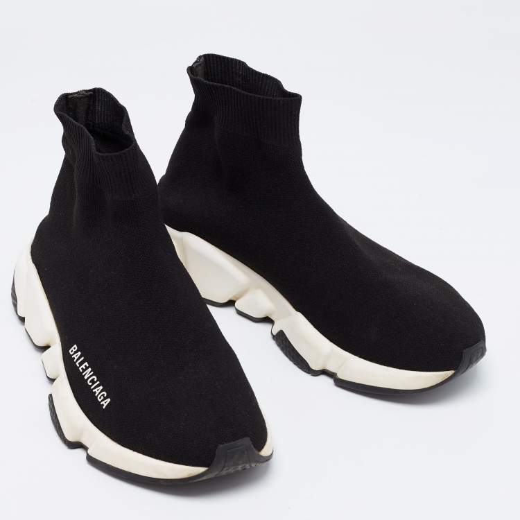Pre Owned Balenciaga Black Knit Fabric Speed Trainer Slip On High-Top Sneakers Size 37