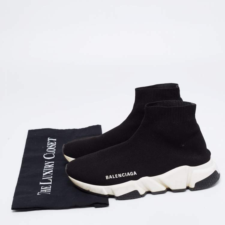 Pre Owned Balenciaga Black Knit Fabric Speed Trainer Slip On High-Top Sneakers Size 37