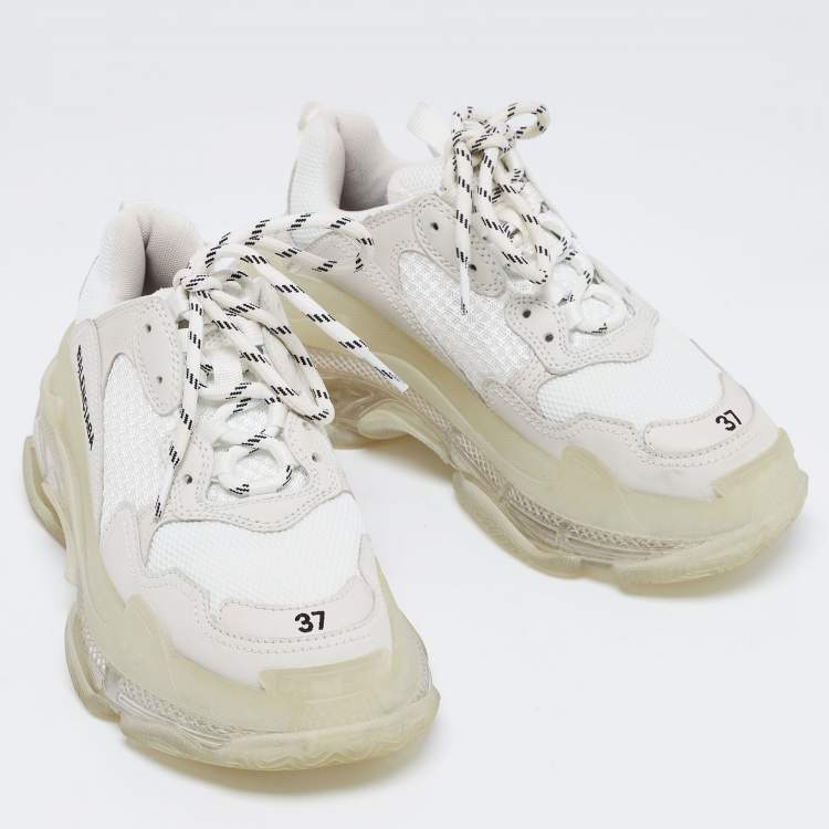 Pre Owned Balenciaga White/Grey Mesh and Leather Triple S Clear Low-Top Sneakers Size 37