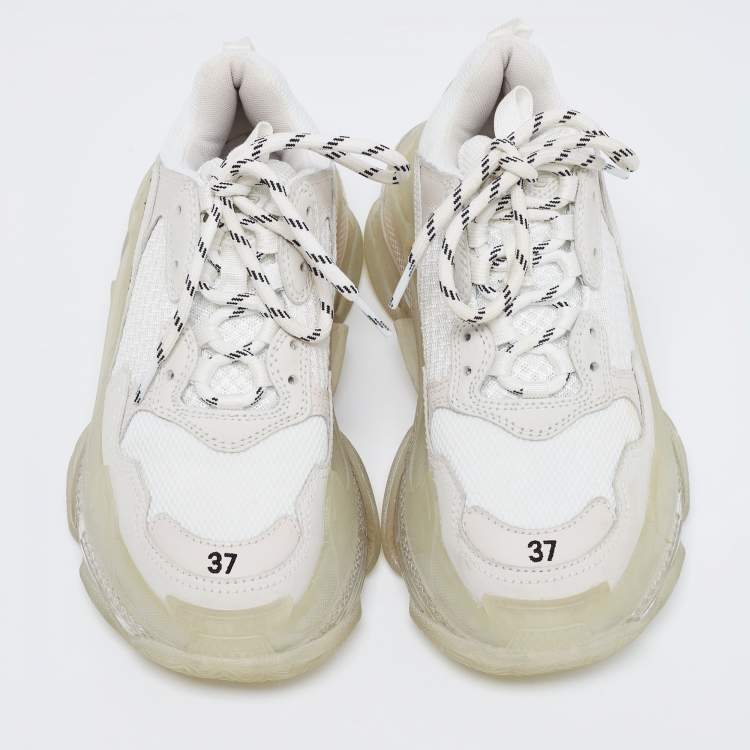 Pre Owned Balenciaga White/Grey Mesh and Leather Triple S Clear Low-Top Sneakers Size 37