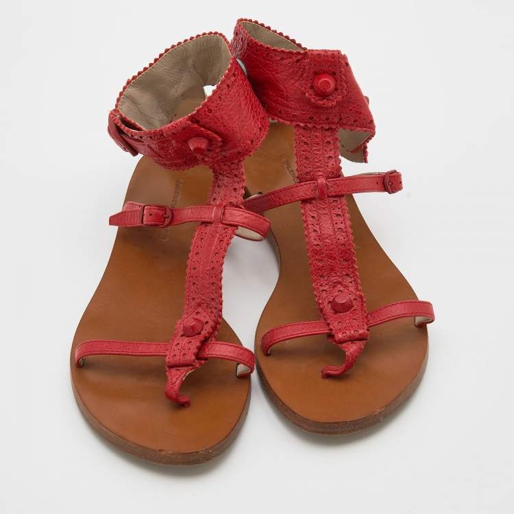 Pre Owned Balenciaga Red Leather Brogue Flat Sandals Size 39
