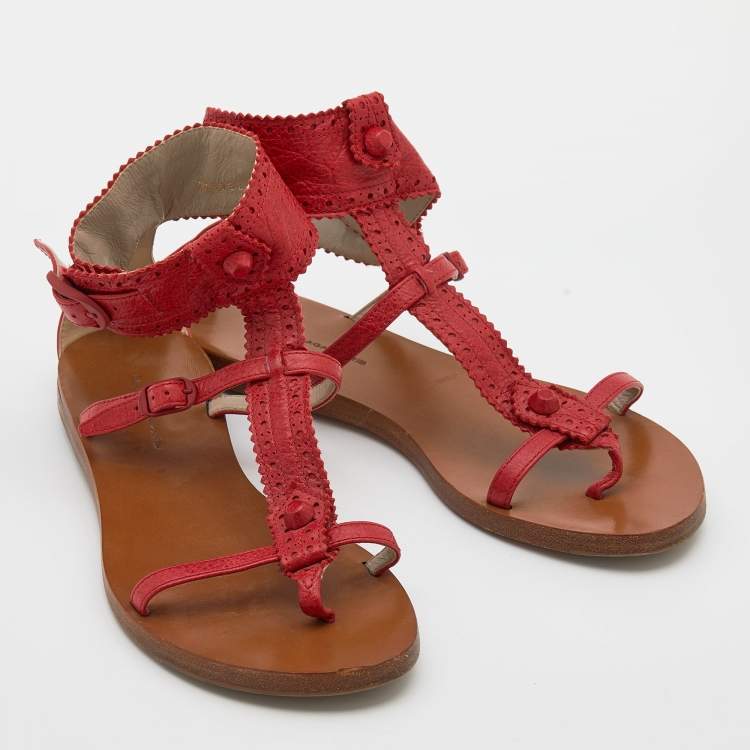 Pre Owned Balenciaga Red Leather Brogue Flat Sandals Size 39