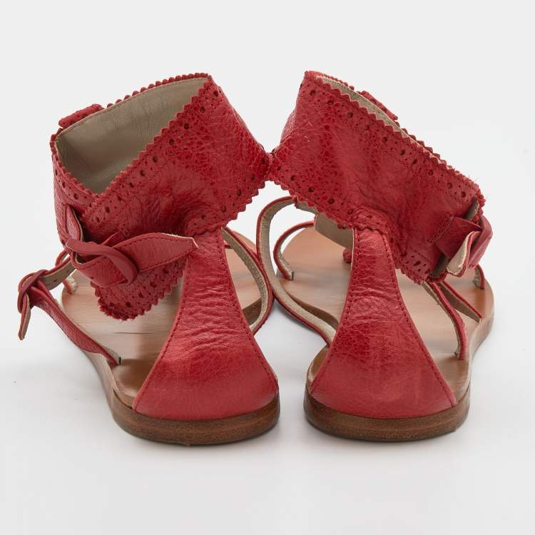 Pre Owned Balenciaga Red Leather Brogue Flat Sandals Size 39