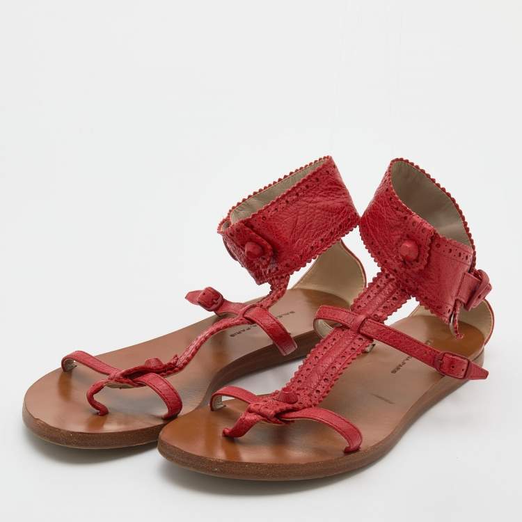 Pre Owned Balenciaga Red Leather Brogue Flat Sandals Size 39