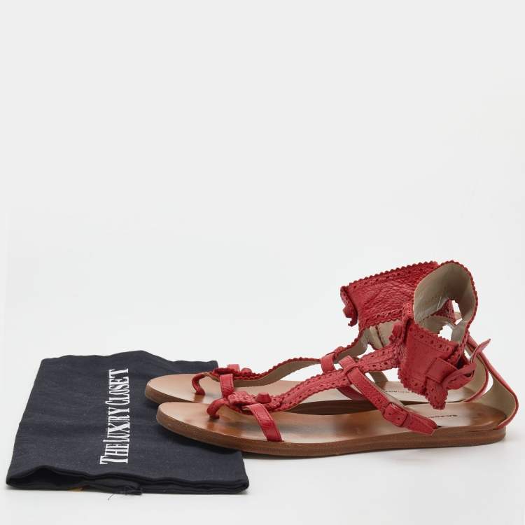 Pre Owned Balenciaga Red Leather Brogue Flat Sandals Size 39