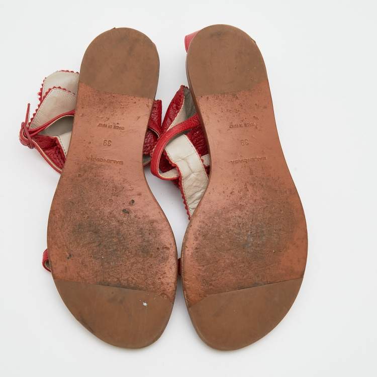 Pre Owned Balenciaga Red Leather Brogue Flat Sandals Size 39