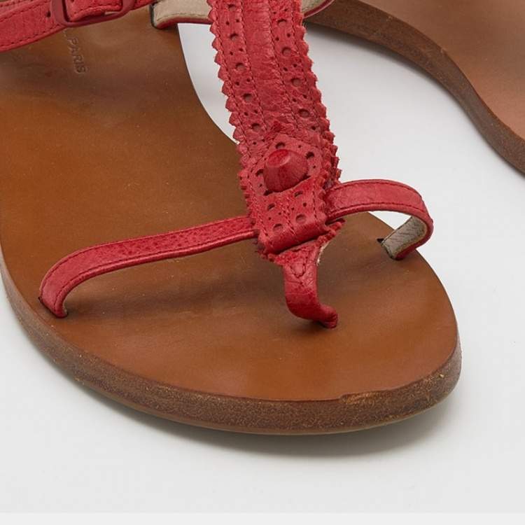 Pre Owned Balenciaga Red Leather Brogue Flat Sandals Size 39