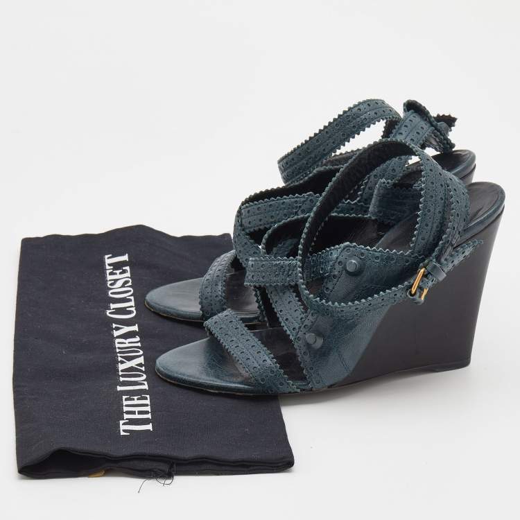مملوكة مسبقًا Balenciaga Green Leather Brogues Wedge Sandals Size 38.5