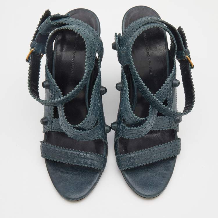 مملوكة مسبقًا Balenciaga Green Leather Brogues Wedge Sandals Size 38.5