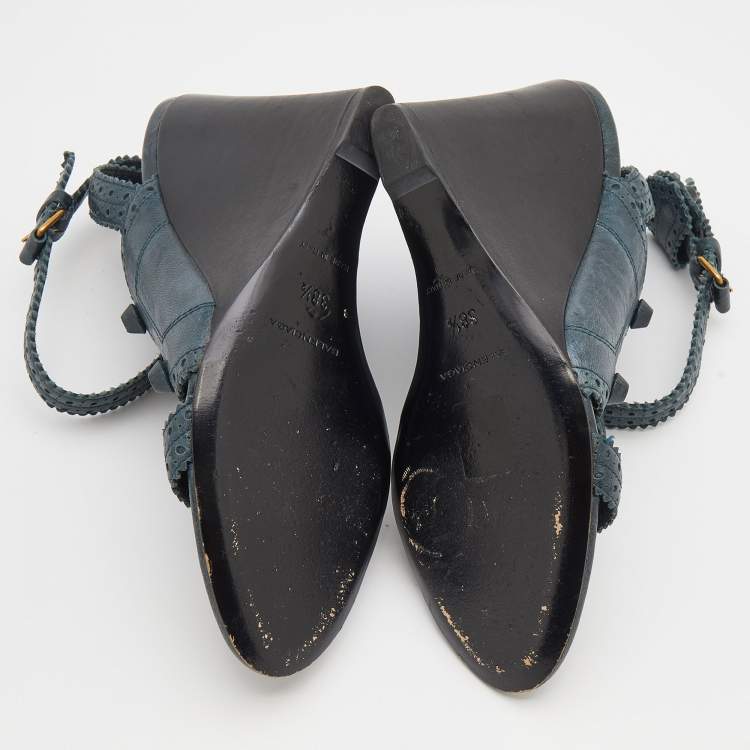 مملوكة مسبقًا Balenciaga Green Leather Brogues Wedge Sandals Size 38.5