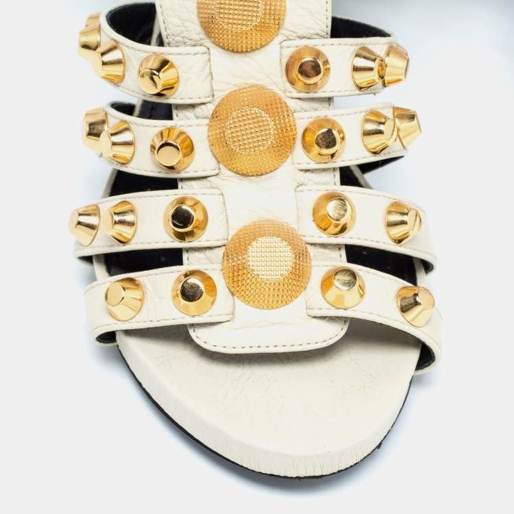 Pre Owned Balenciaga Cream Leather Arena Studded Gladiator Block Heel Sandals Size 38
