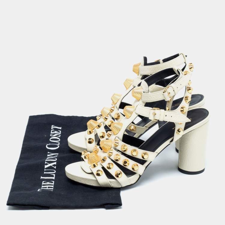 Pre Owned Balenciaga Cream Leather Arena Studded Gladiator Block Heel Sandals Size 38
