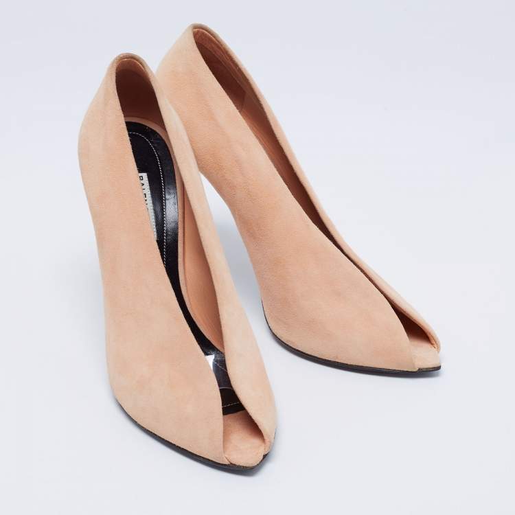 Pre Owned Balenciaga Beige Suede And PVC Peep Toe Pumps Size 38