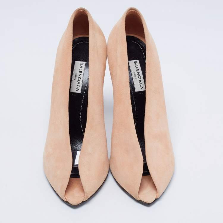 Pre Owned Balenciaga Beige Suede And PVC Peep Toe Pumps Size 38