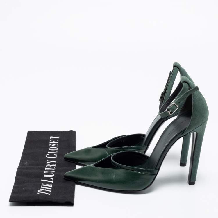 Pre Owned Balenciaga Dark Green Leather and Suede Ankle-Strap Pumps Size 38