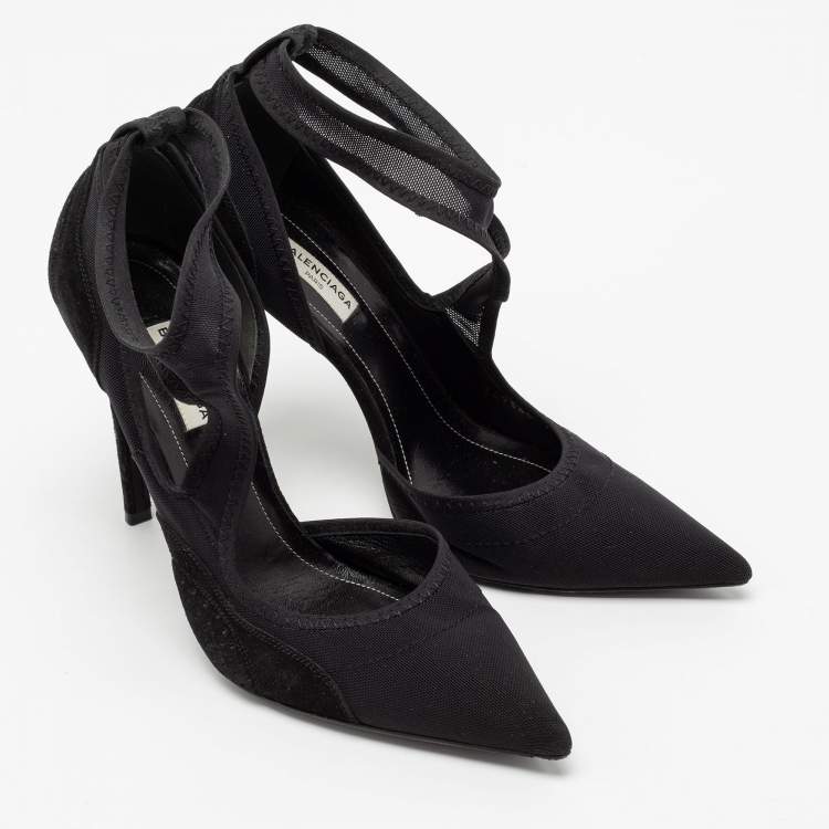 Pre Owned Balenciaga Black Fabric And Suede D'orsay Ankle-Strap Pumps Size 38.5