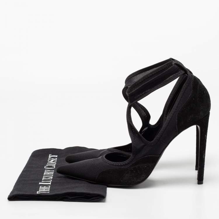 Pre Owned Balenciaga Black Fabric And Suede D'orsay Ankle-Strap Pumps Size 38.5