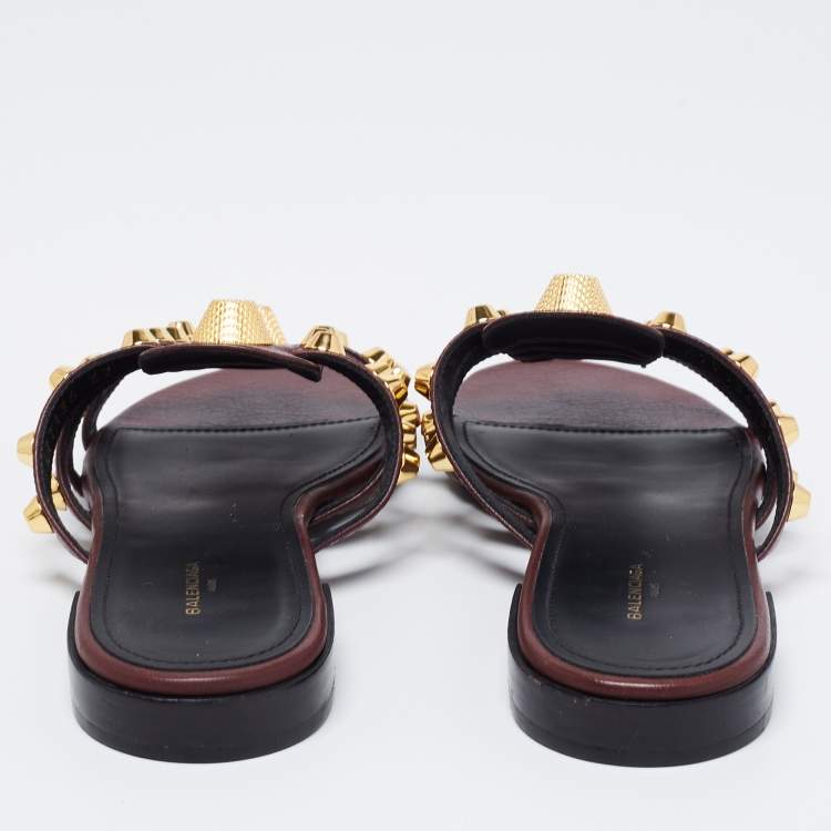Pre Owned Balenciaga Dark Burgundy Leather Arena Flat Slides Size 37