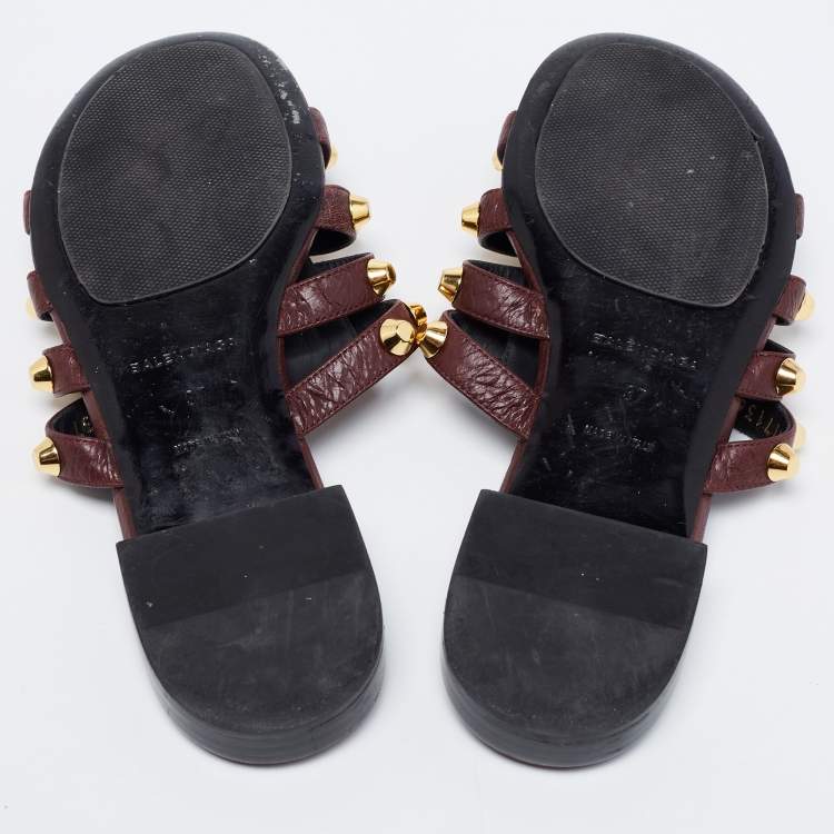 Pre Owned Balenciaga Dark Burgundy Leather Arena Flat Slides Size 37