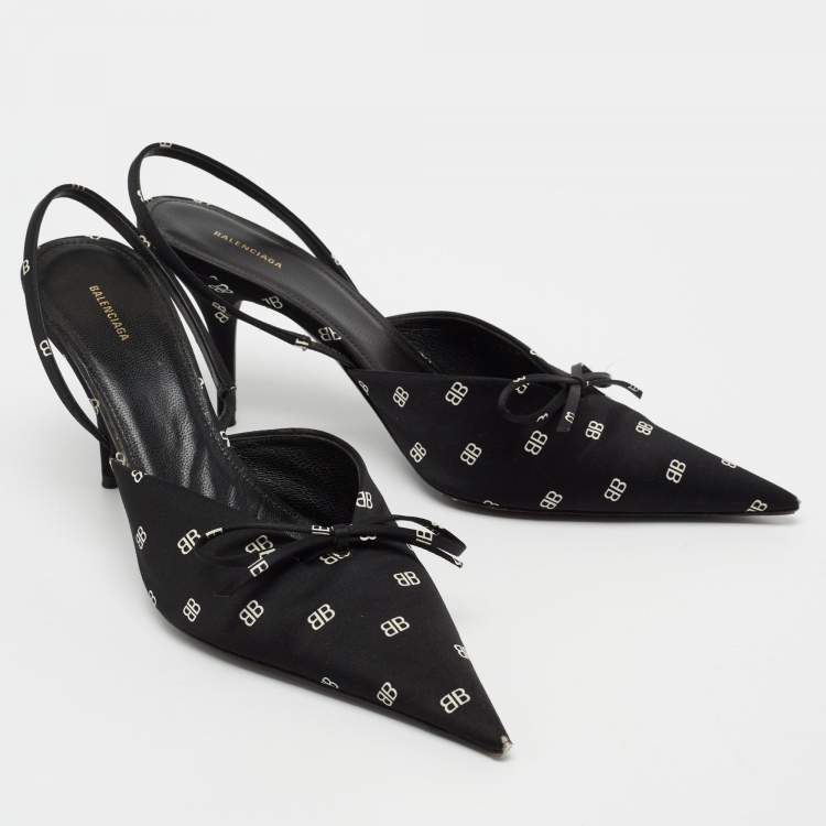 Pre Owned Balenciaga Black Logo Print Satin Knife Slingback Pumps Size 39
