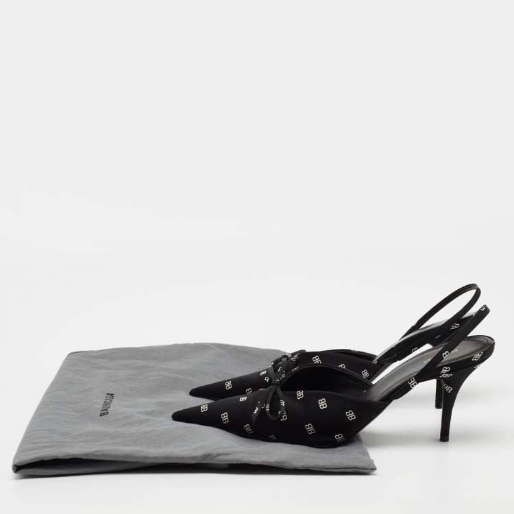 Pre Owned Balenciaga Black Logo Print Satin Knife Slingback Pumps Size 39