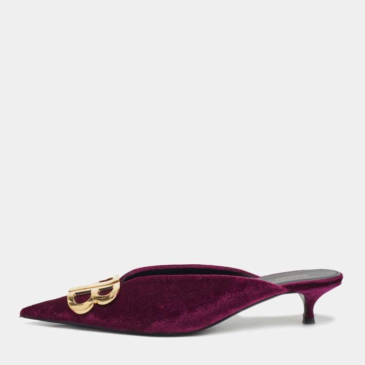 Pre Owned Balenciaga Burgundy Velvet BB Logo Knife Mules Size 39