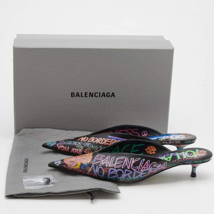 Pre Owned Balenciaga Black Graffiti Leather Knife Pointed Toe Mules Size 40