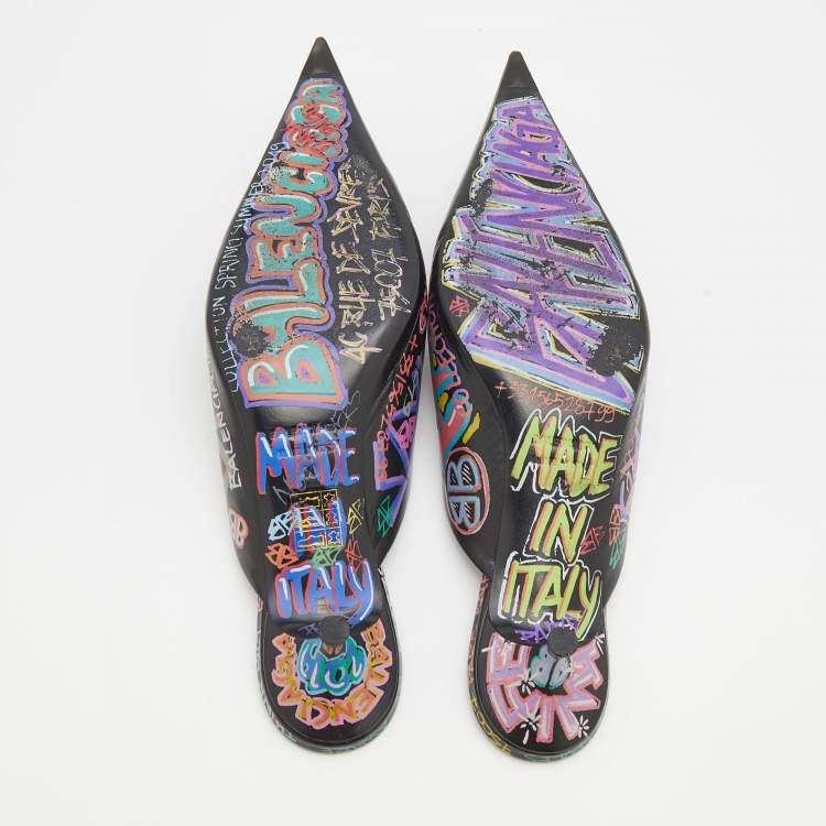 Pre Owned Balenciaga Black Graffiti Leather Knife Pointed Toe Mules Size 40