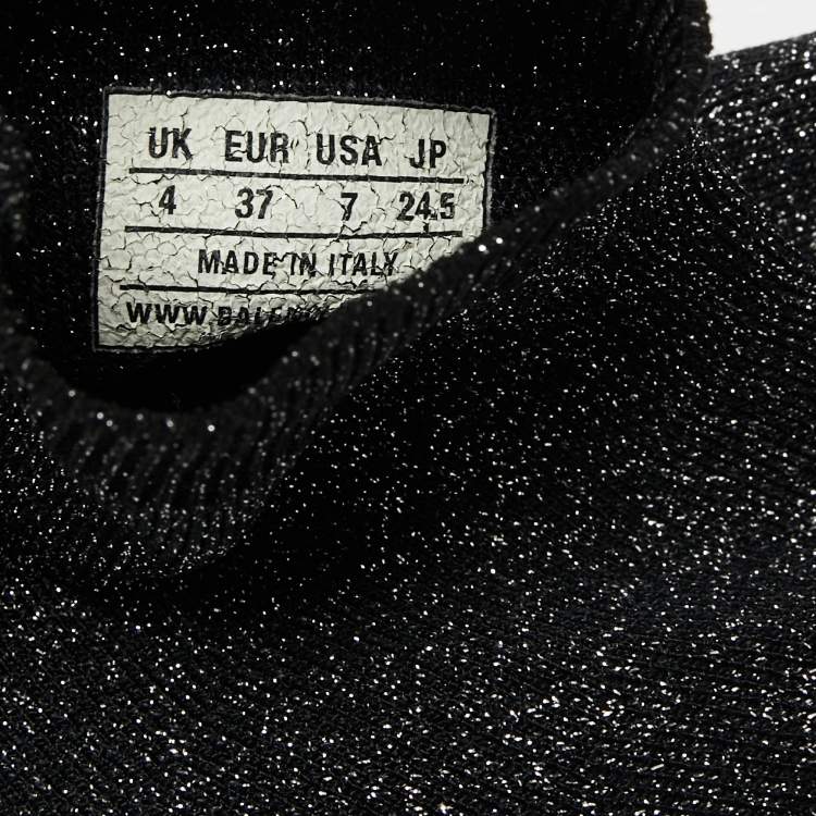 Pre Owned Balenciaga Black/Silver Glitter Knit Fabric Speed Trainer High-Top Sneakers Size 37