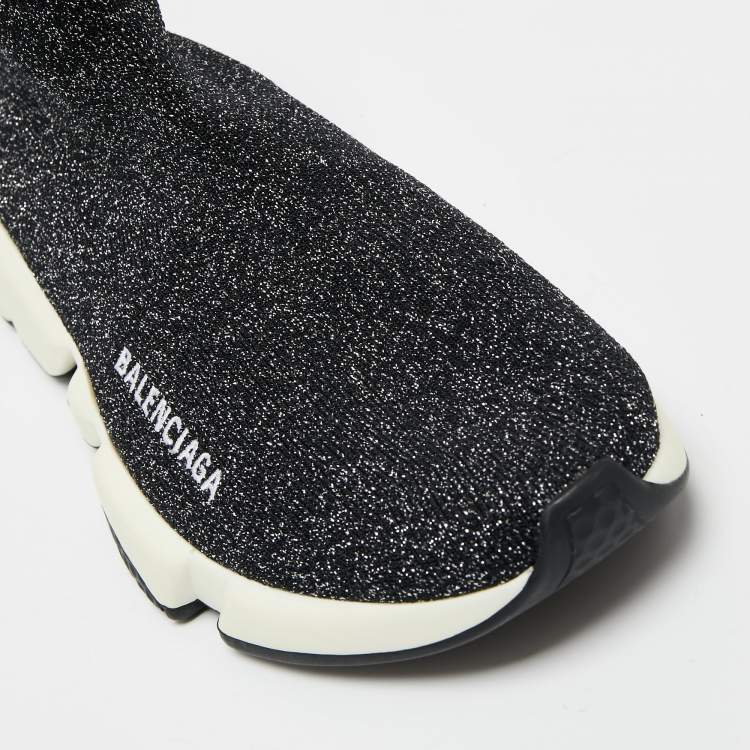 Pre Owned Balenciaga Black/Silver Glitter Knit Fabric Speed Trainer High-Top Sneakers Size 37