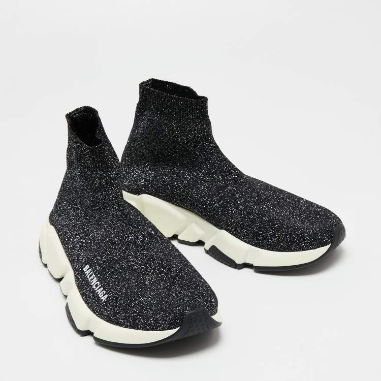 Pre Owned Balenciaga Black/Silver Glitter Knit Fabric Speed Trainer High-Top Sneakers Size 37