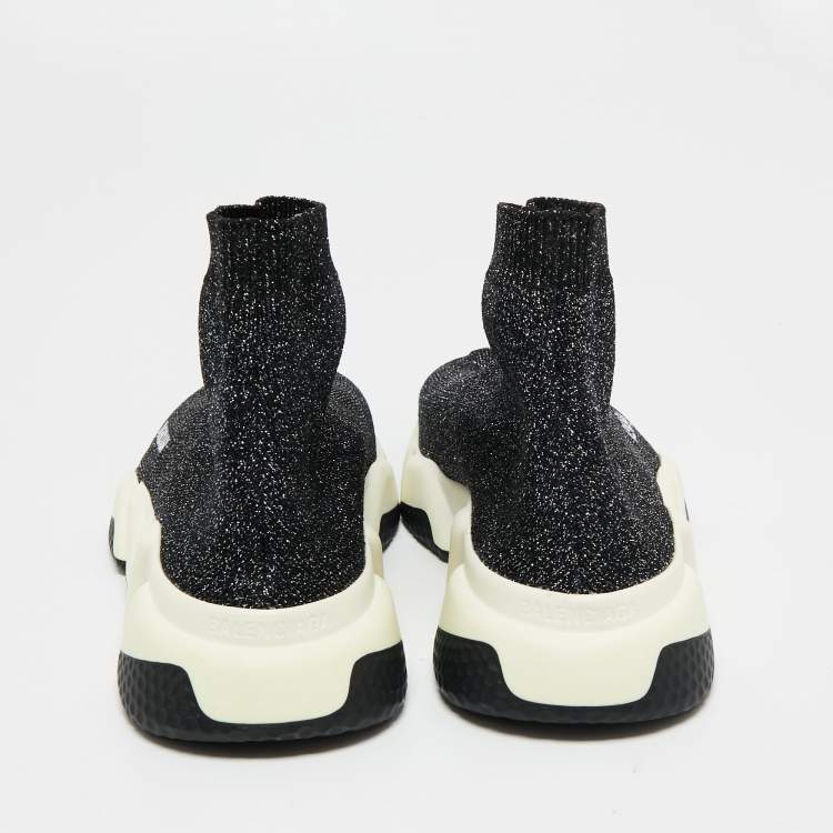 Pre Owned Balenciaga Black/Silver Glitter Knit Fabric Speed Trainer High-Top Sneakers Size 37