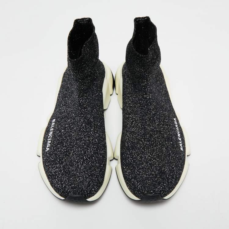 Pre Owned Balenciaga Black/Silver Glitter Knit Fabric Speed Trainer High-Top Sneakers Size 37