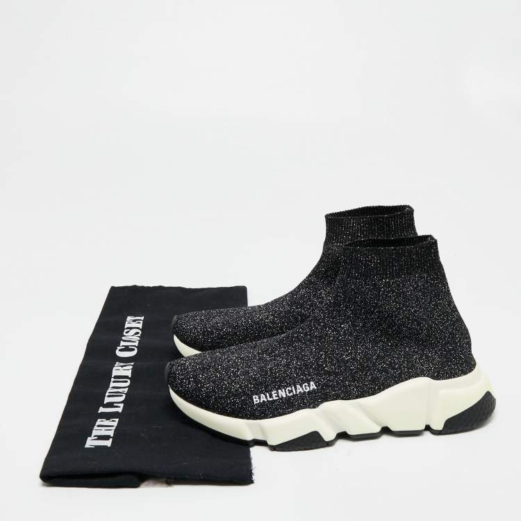 Pre Owned Balenciaga Black/Silver Glitter Knit Fabric Speed Trainer High-Top Sneakers Size 37