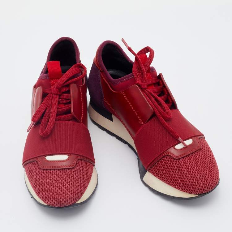 Pre Owned Balenciaga Red/Purple Mesh And Suede Race Runner Low Top Sneakers Size 35