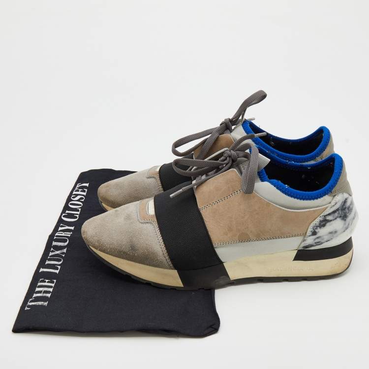 Pre Owned Balenciaga Grey Suede And Leather Race Runner Low Top Sneakers Size 38