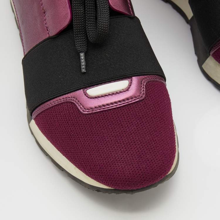 Pre Owned Balenciaga Metallic Burgundy Leather And Knit Fabric Race Runner Low Top Sneakers Size 38